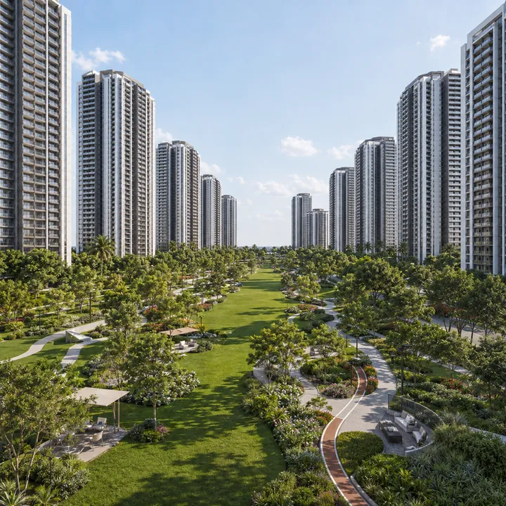The central landscape spine at Prestige Pulimamidi, Kandukur, Hyderabad