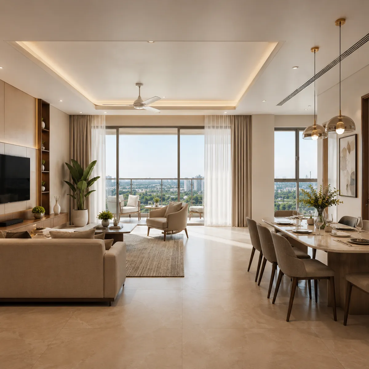 Living and dining interior of a 3 BHK at Prestige Pulimamidi, Kandukur, Hyderabad