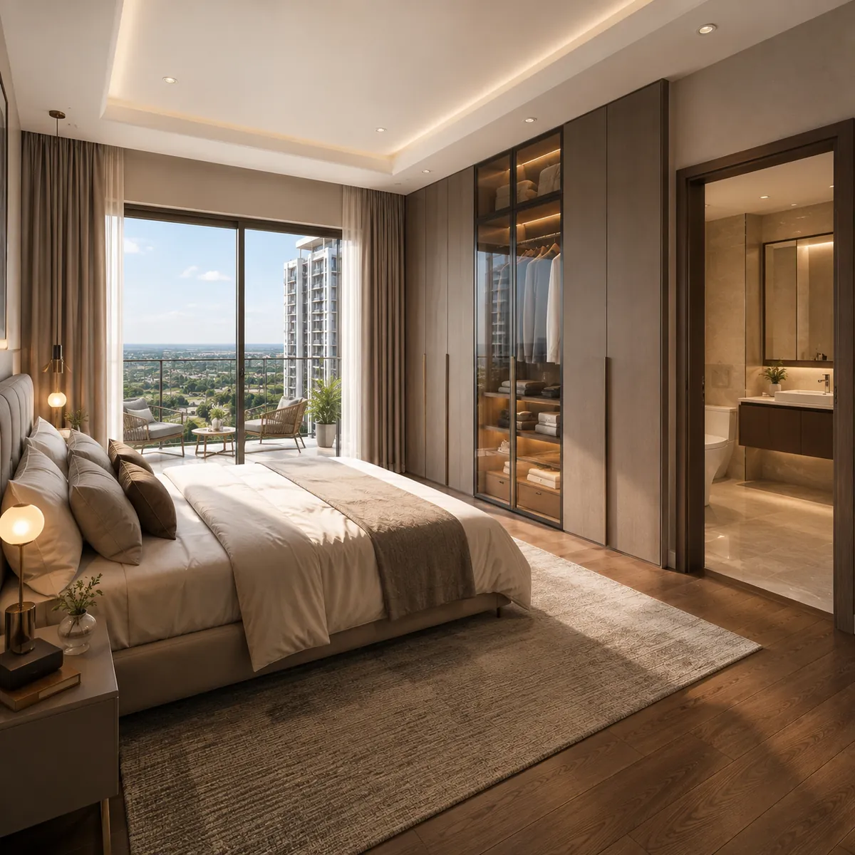 Master bedroom of a 3 BHK at Prestige Pulimamidi, Kandukur, Hyderabad
