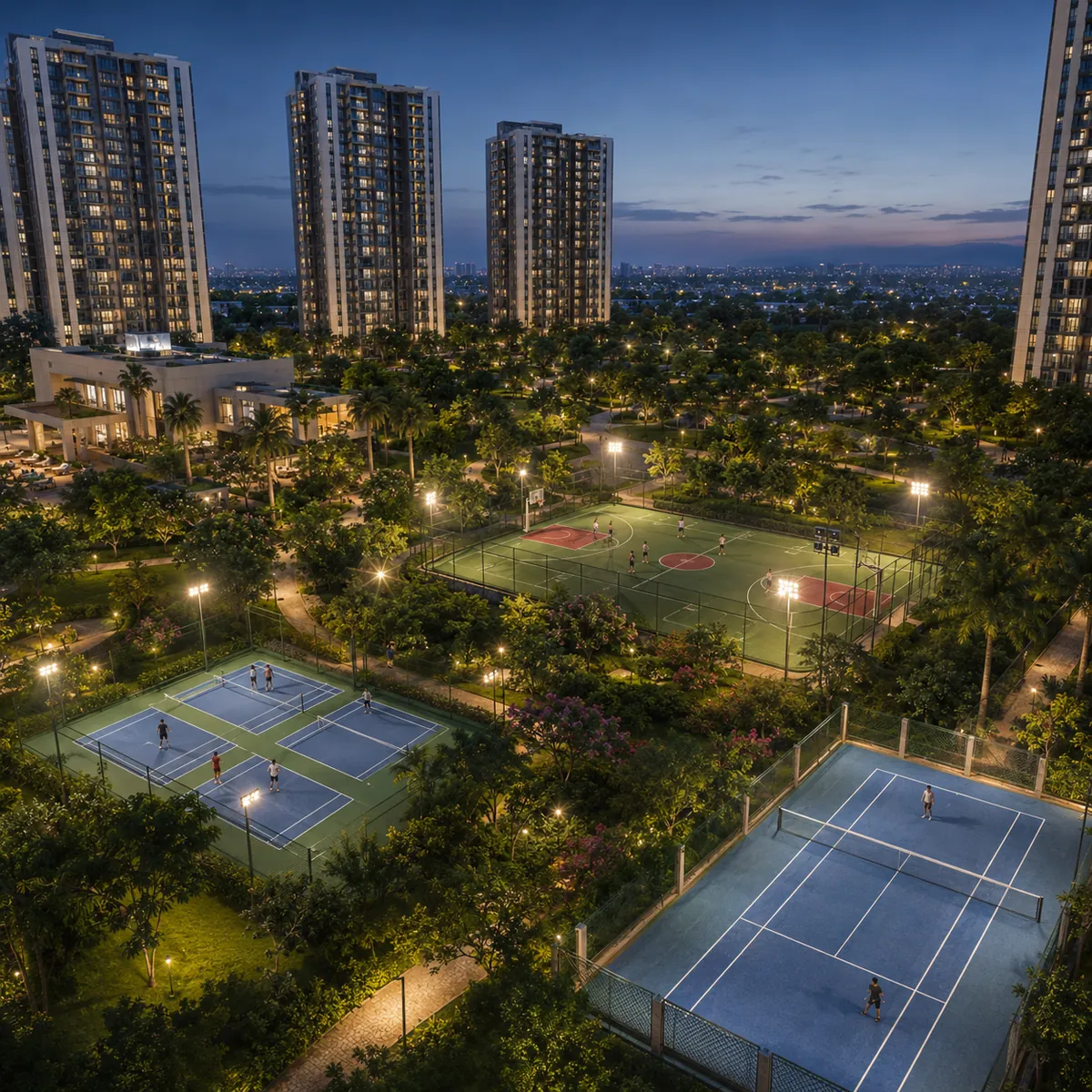 Floodlit outdoor sports courts at Prestige Pulimamidi, Kandukur, Hyderabad