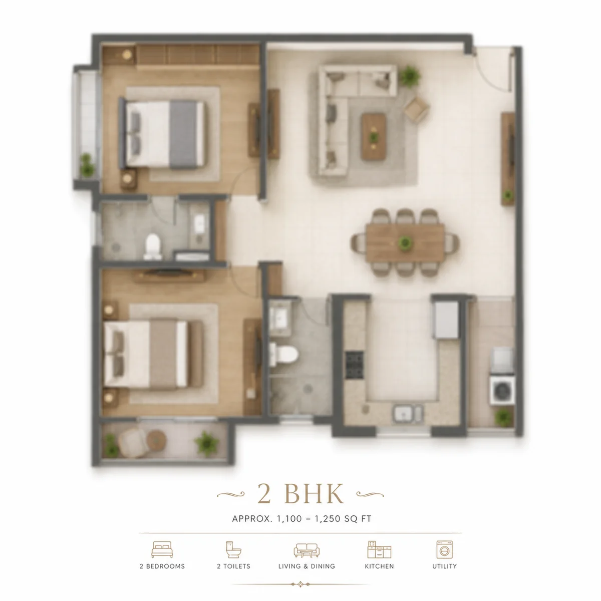 2 BHK 1,100-1,250 sq ft floor plan at Prestige Pulimamidi, Kandukur, Hyderabad