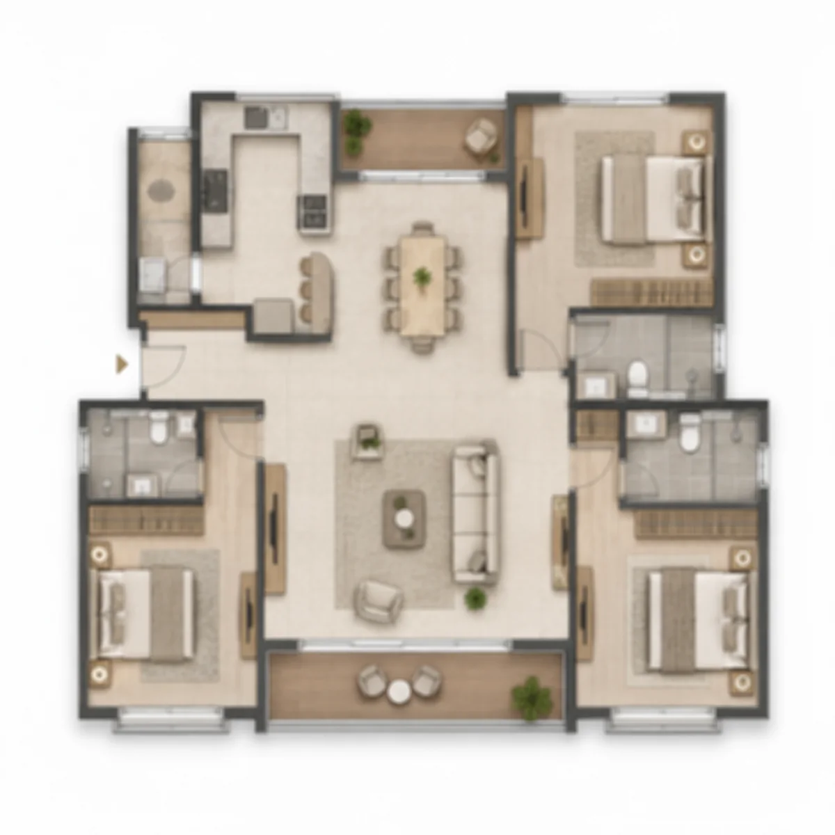 3 BHK three-toilet 1,700-1,900 sq ft floor plan at Prestige Pulimamidi, Kandukur, Hyderabad