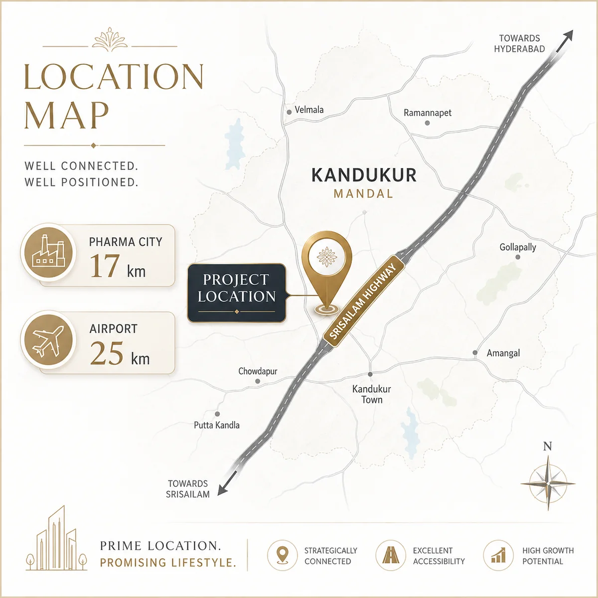 Prestige Pulimamidi location map showing Kandukur mandal, the Srisailam Highway, Pharma City and the airport