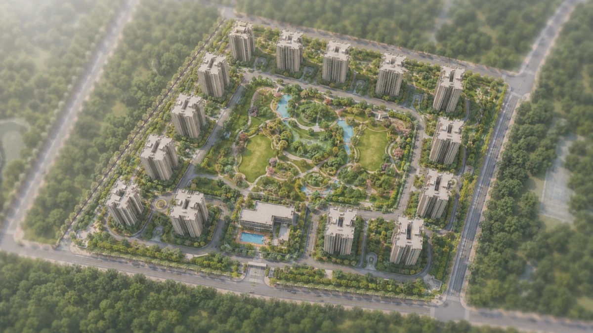 Site master plan of Prestige Pulimamidi showing 14 towers around the central landscape spine, Kandukur, Hyderabad